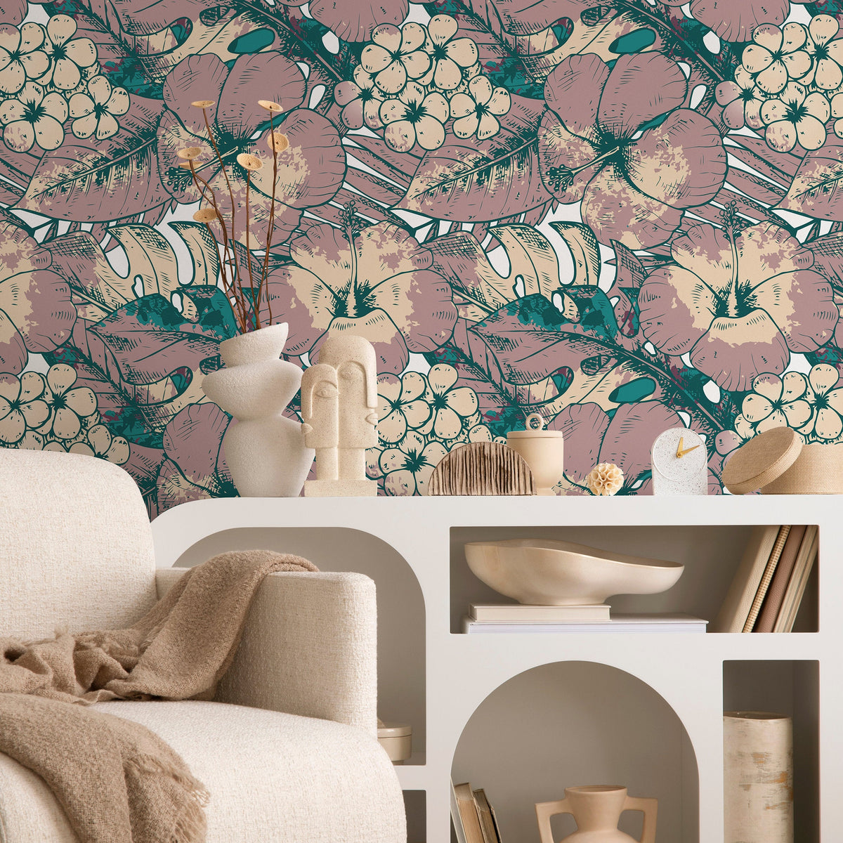 Hawaiian Flat Flowers and Leaves Wallpaper - Removable Wallpaper Peel and Stick Wallpaper Wall Paper - B355