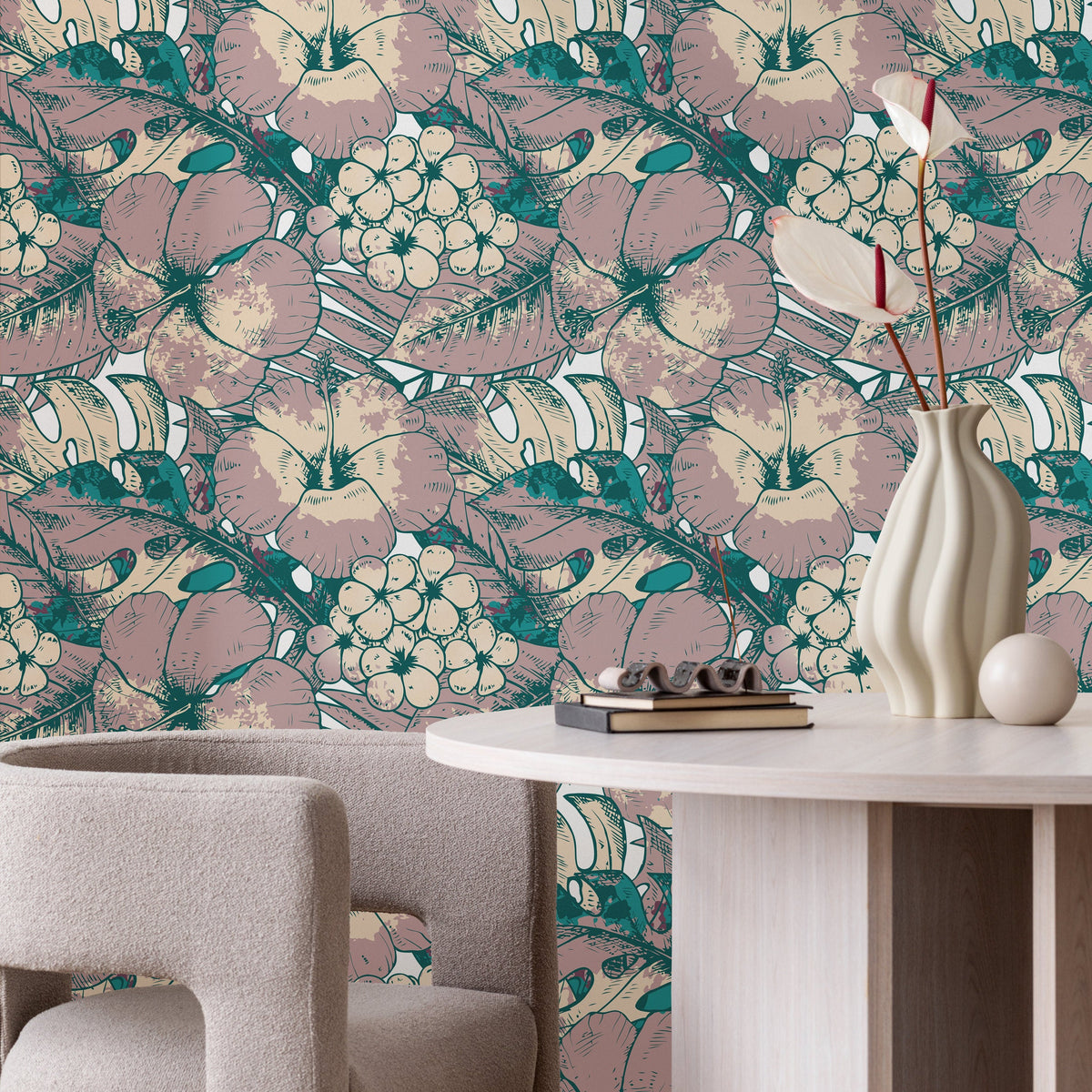 Hawaiian Flat Flowers and Leaves Wallpaper - Removable Wallpaper Peel and Stick Wallpaper Wall Paper - B355