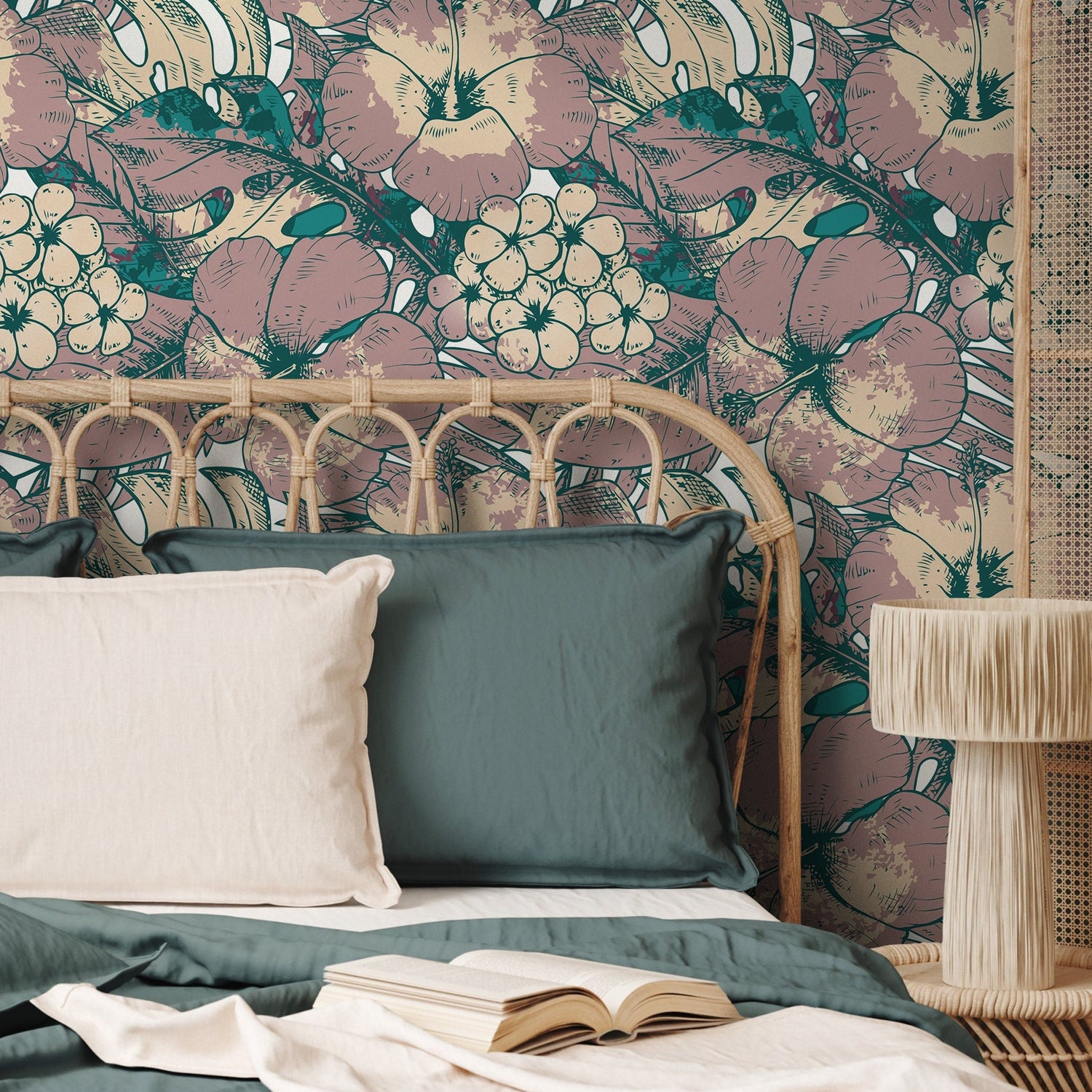 Hawaiian Flat Flowers and Leaves Wallpaper - Removable Wallpaper Peel and Stick Wallpaper Wall Paper - B355