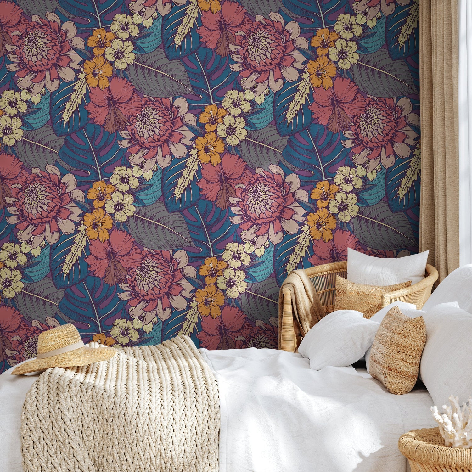Wallpaper Peel and Stick Wallpaper Removable Wallpaper Home Decor Wall Art Wall Decor Room Decor/ Tropical Leaves and Flower Wallpaper -B395