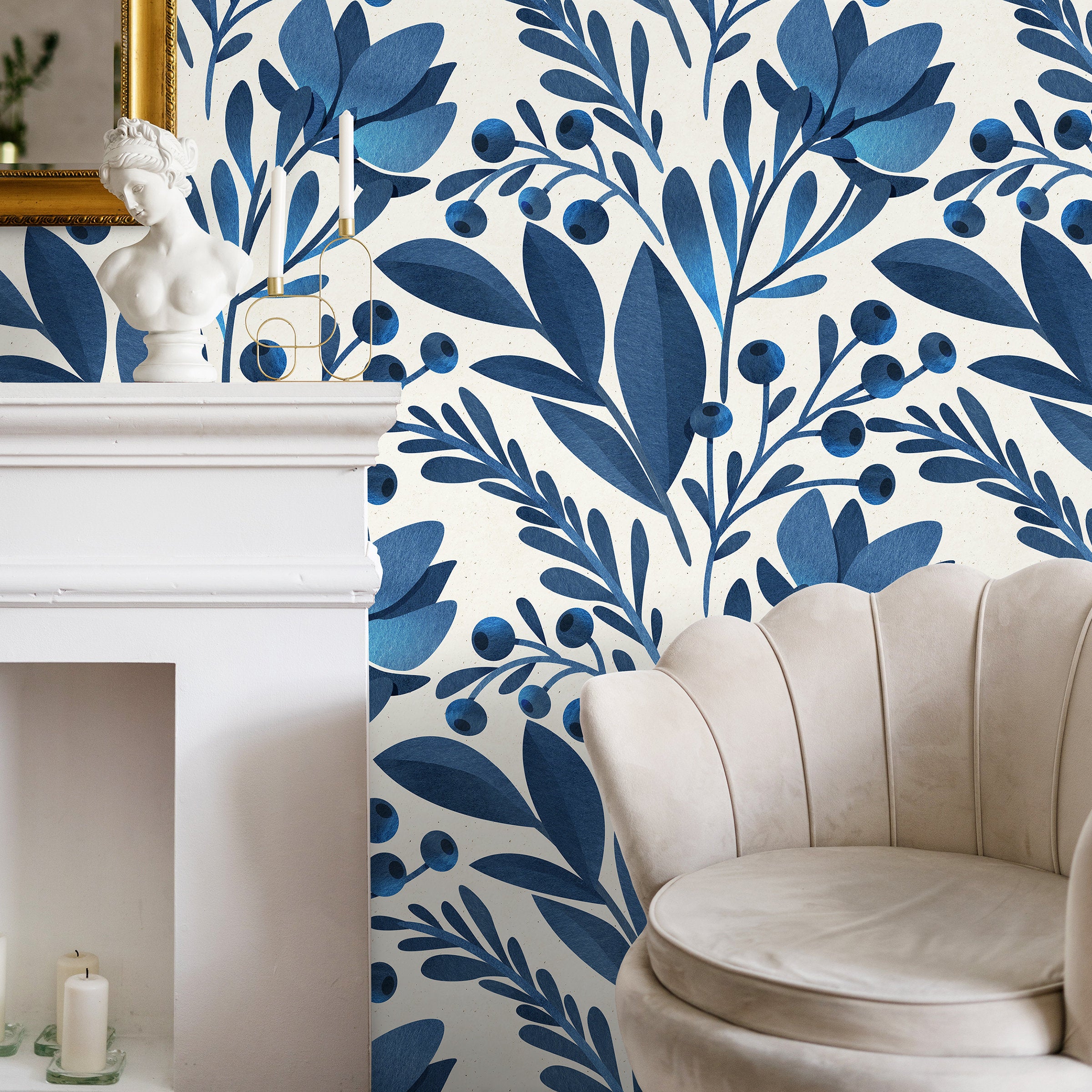 Blue Botanical Wallpaper Removable Wall Decor Free Ship ONDECOR COM blue-botanical-wallpaper-removable-wall-decor-free-ship-ondecor-com