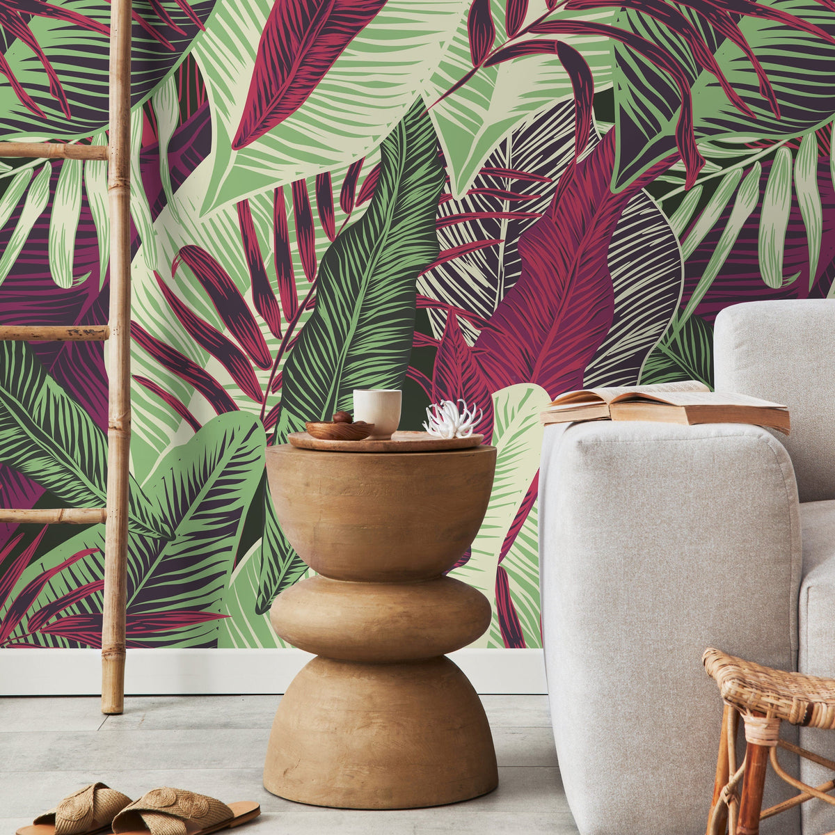 Wallpaper Peel and Stick Wallpaper Removable Wallpaper Home Decor Wall Decor Room Decor/ Red and Green Cool Tropical Leaves Wallpaper -B132