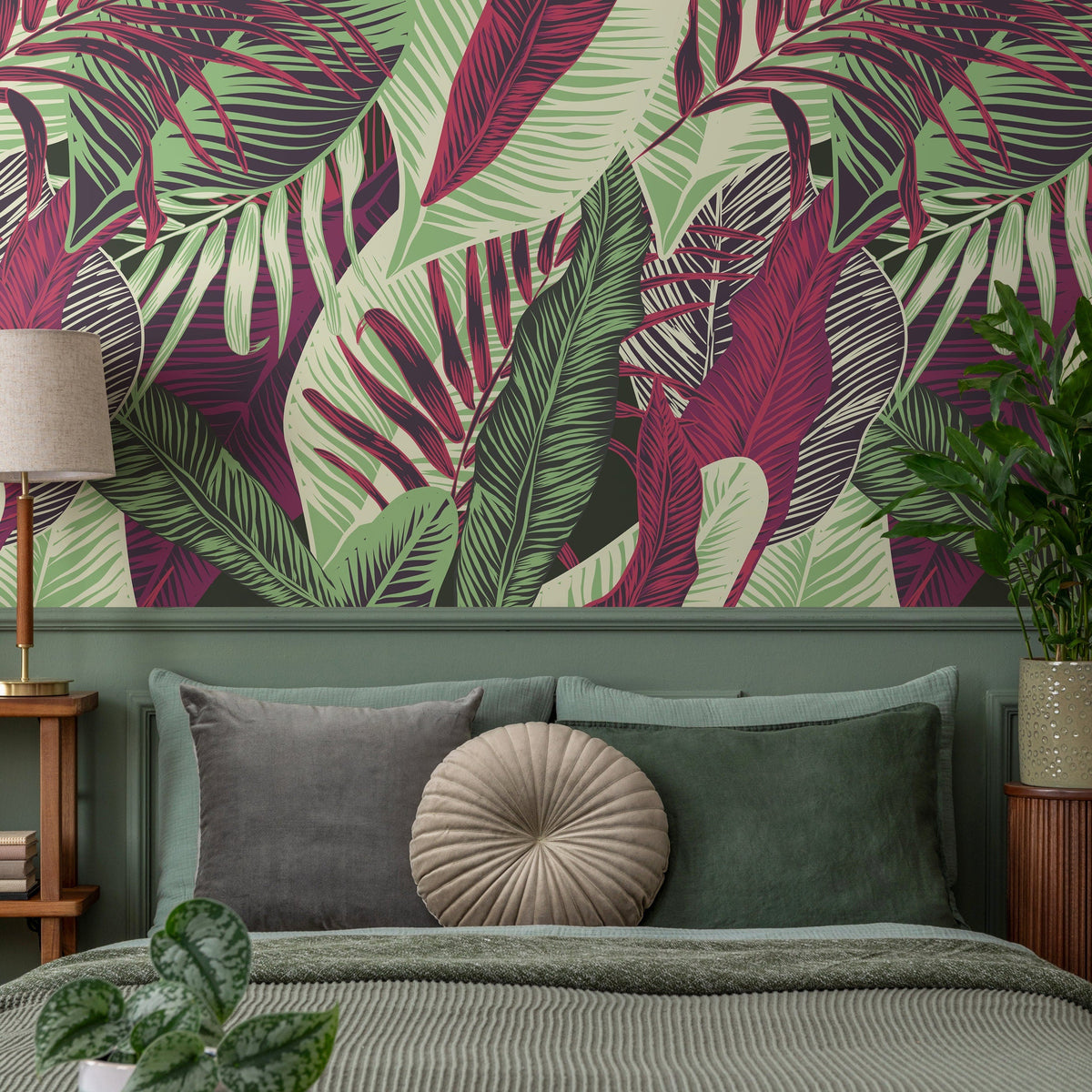 Wallpaper Peel and Stick Wallpaper Removable Wallpaper Home Decor Wall Decor Room Decor/ Red and Green Cool Tropical Leaves Wallpaper -B132