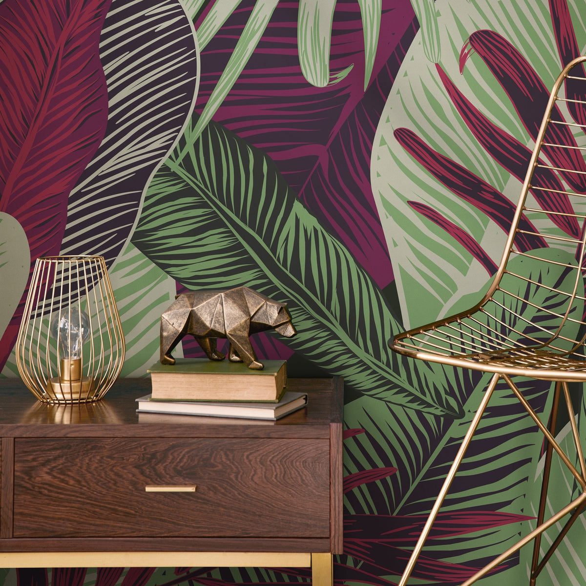 Wallpaper Peel and Stick Wallpaper Removable Wallpaper Home Decor Wall Decor Room Decor/ Red and Green Cool Tropical Leaves Wallpaper -B132