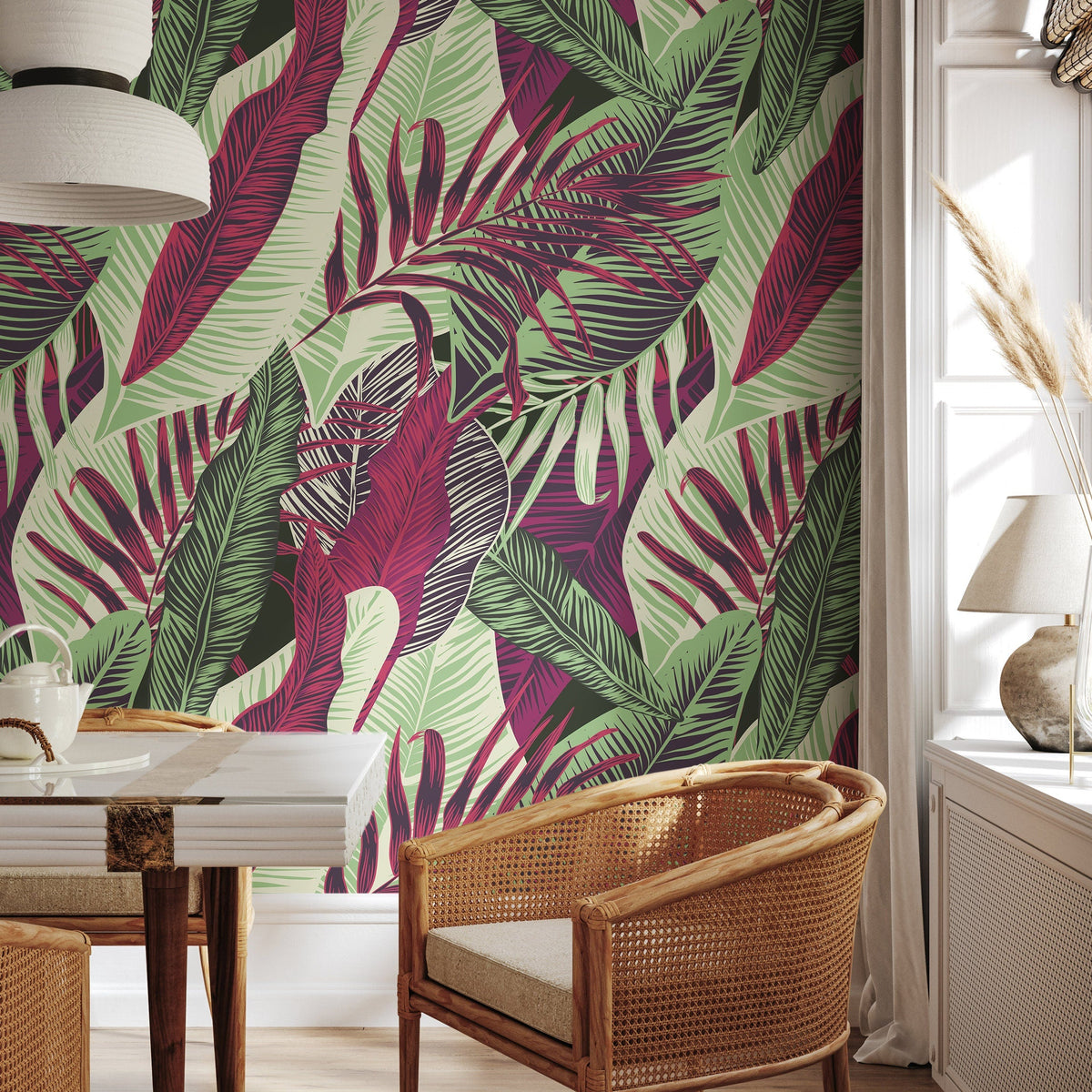 Wallpaper Peel and Stick Wallpaper Removable Wallpaper Home Decor Wall Decor Room Decor/ Red and Green Cool Tropical Leaves Wallpaper -B132
