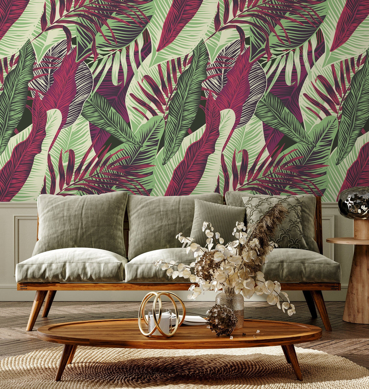 Wallpaper Peel and Stick Wallpaper Removable Wallpaper Home Decor Wall Decor Room Decor/ Red and Green Cool Tropical Leaves Wallpaper -B132