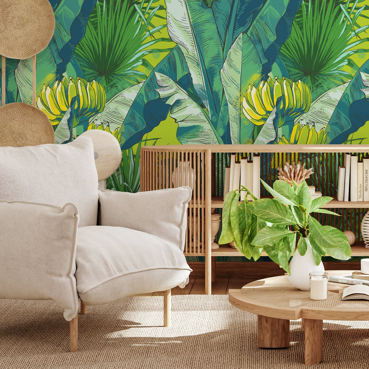 Wallpaper Removable Wallpaper Peel and Stick Wallpaper Wall Decor Home Decor Wall Art Room Decor / Jungle Banana Leaf Wallpaper - B171