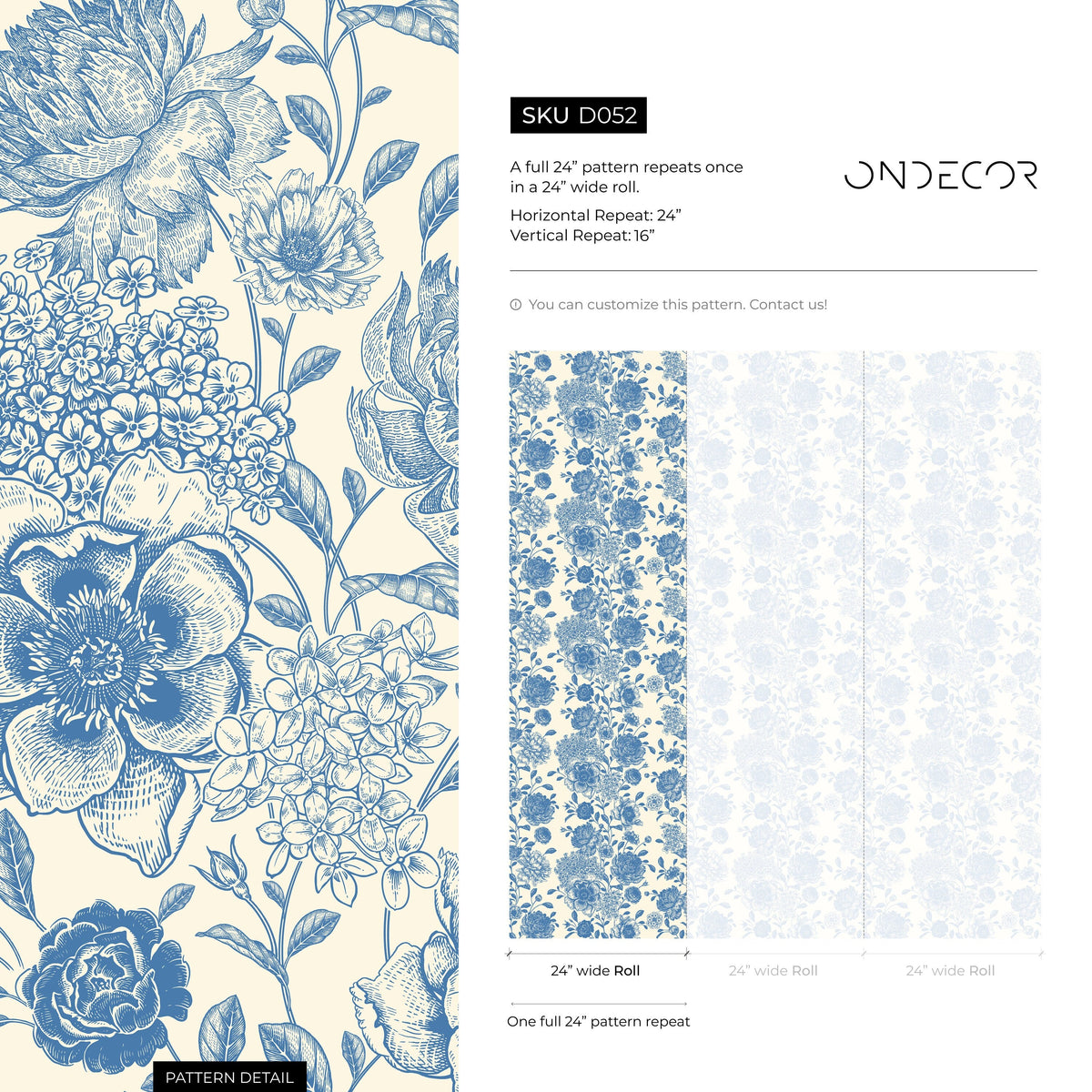 Blue Vintage Floral Wallpaper / Peel and Stick Wallpaper Removable Wallpaper Home Decor Wall Art Wall Decor Room Decor - D052