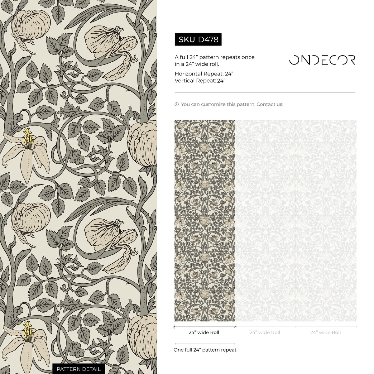 Gray Art Nouveau Wallpaper / Peel and Stick Wallpaper Removable Wallpaper Home Decor Wall Art Wall Decor Room Decor - D478