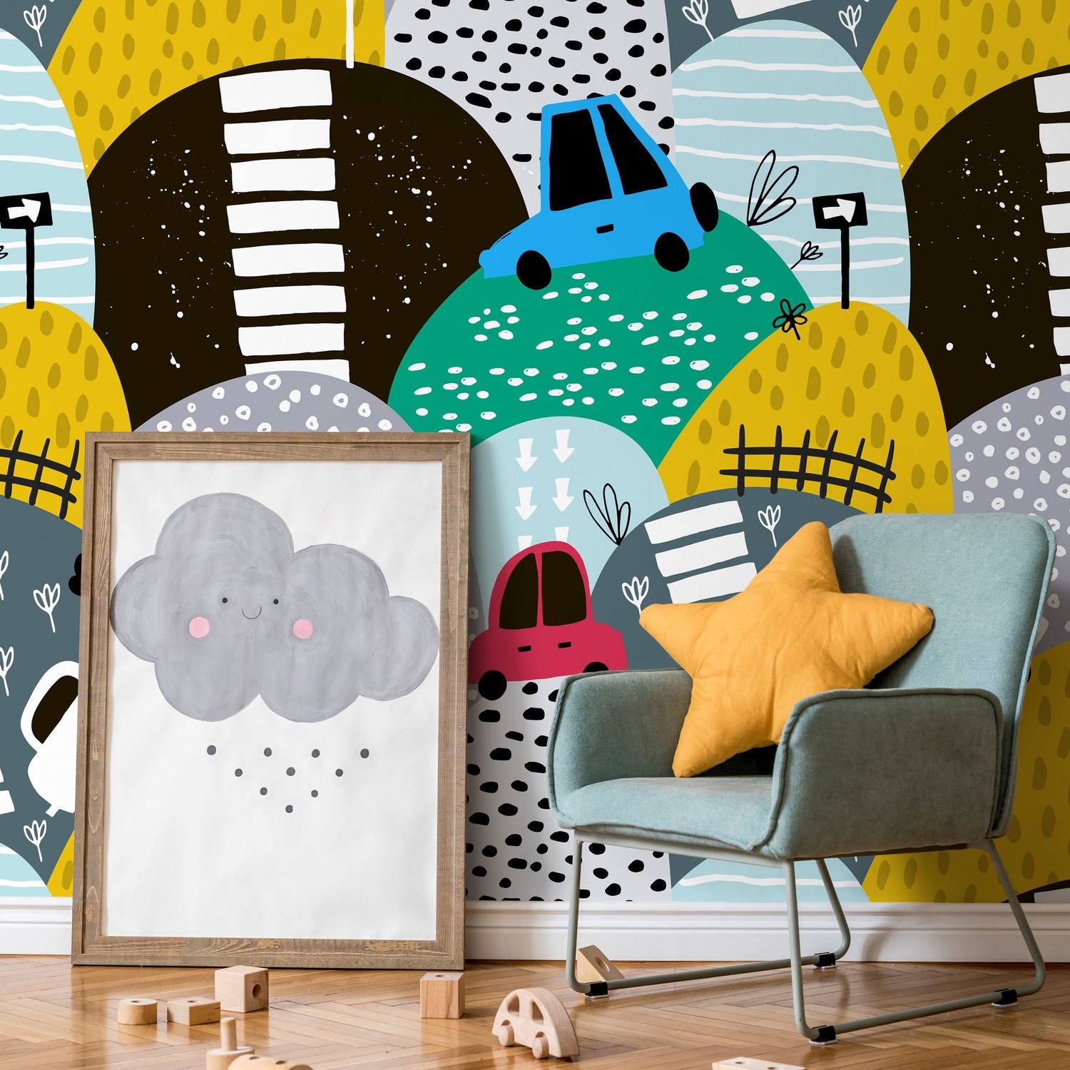 Removable Wallpaper Peel and Stick Wallpaper Wall Paper Wall Mural - Nursery Wallpaper - Hills and Cars - B551