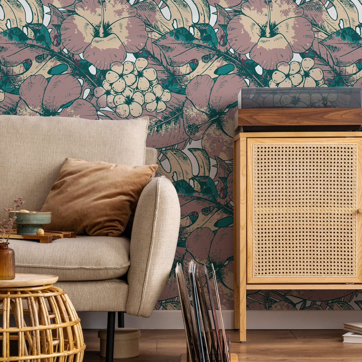 Hawaiian Flat Flowers and Leaves Wallpaper - Removable Wallpaper Peel and Stick Wallpaper Wall Paper - B355