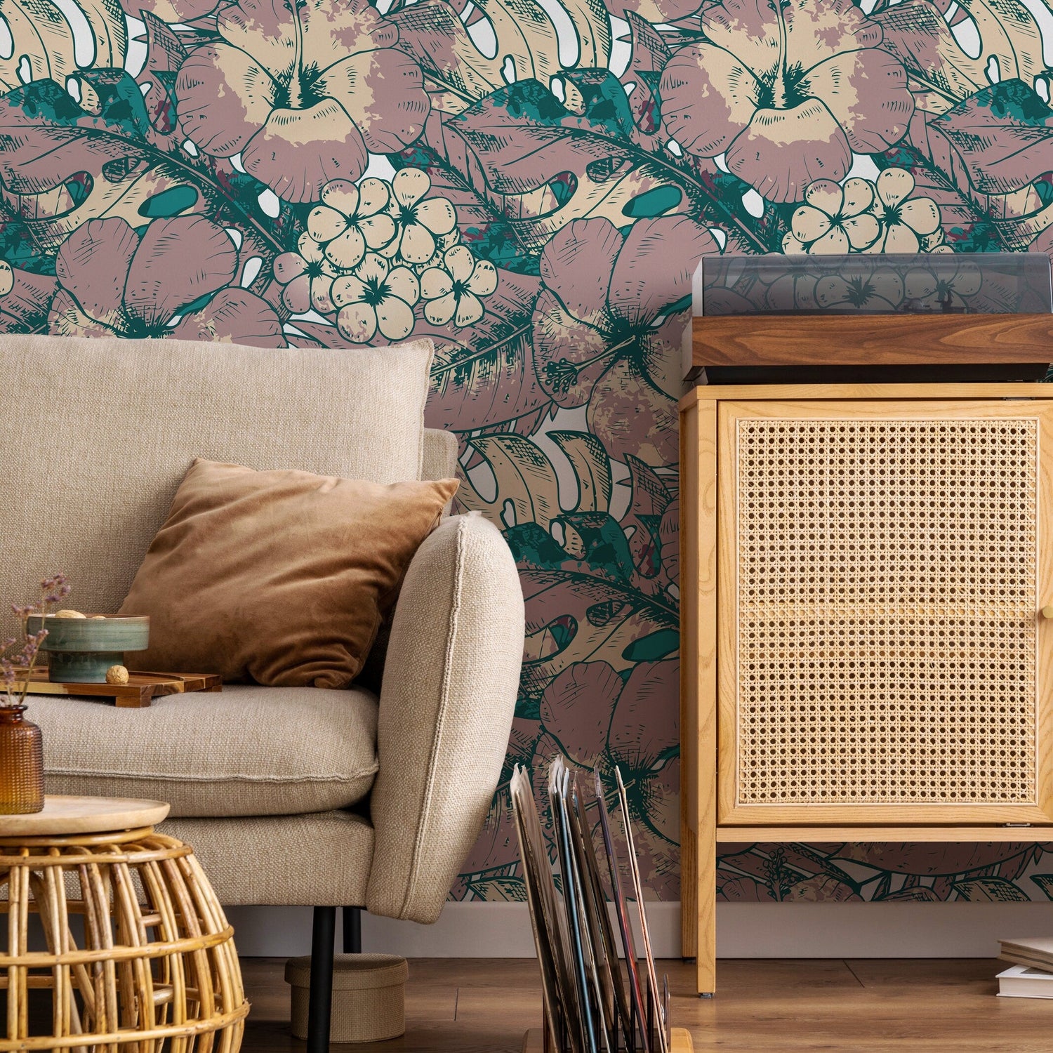 Hawaiian Flat Flowers and Leaves Wallpaper - Removable Wallpaper Peel and Stick Wallpaper Wall Paper - B355