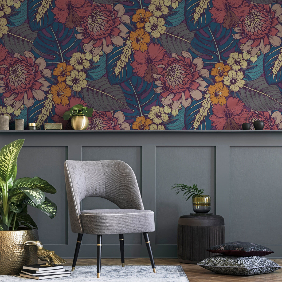 Wallpaper Peel and Stick Wallpaper Removable Wallpaper Home Decor Wall Art Wall Decor Room Decor/ Tropical Leaves and Flower Wallpaper -B395