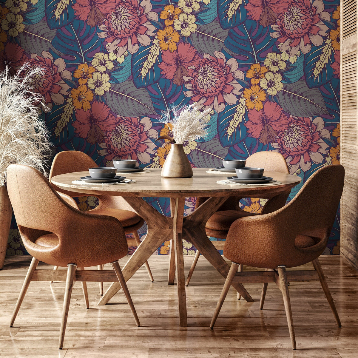 Wallpaper Peel and Stick Wallpaper Removable Wallpaper Home Decor Wall Art Wall Decor Room Decor/ Tropical Leaves and Flower Wallpaper -B395