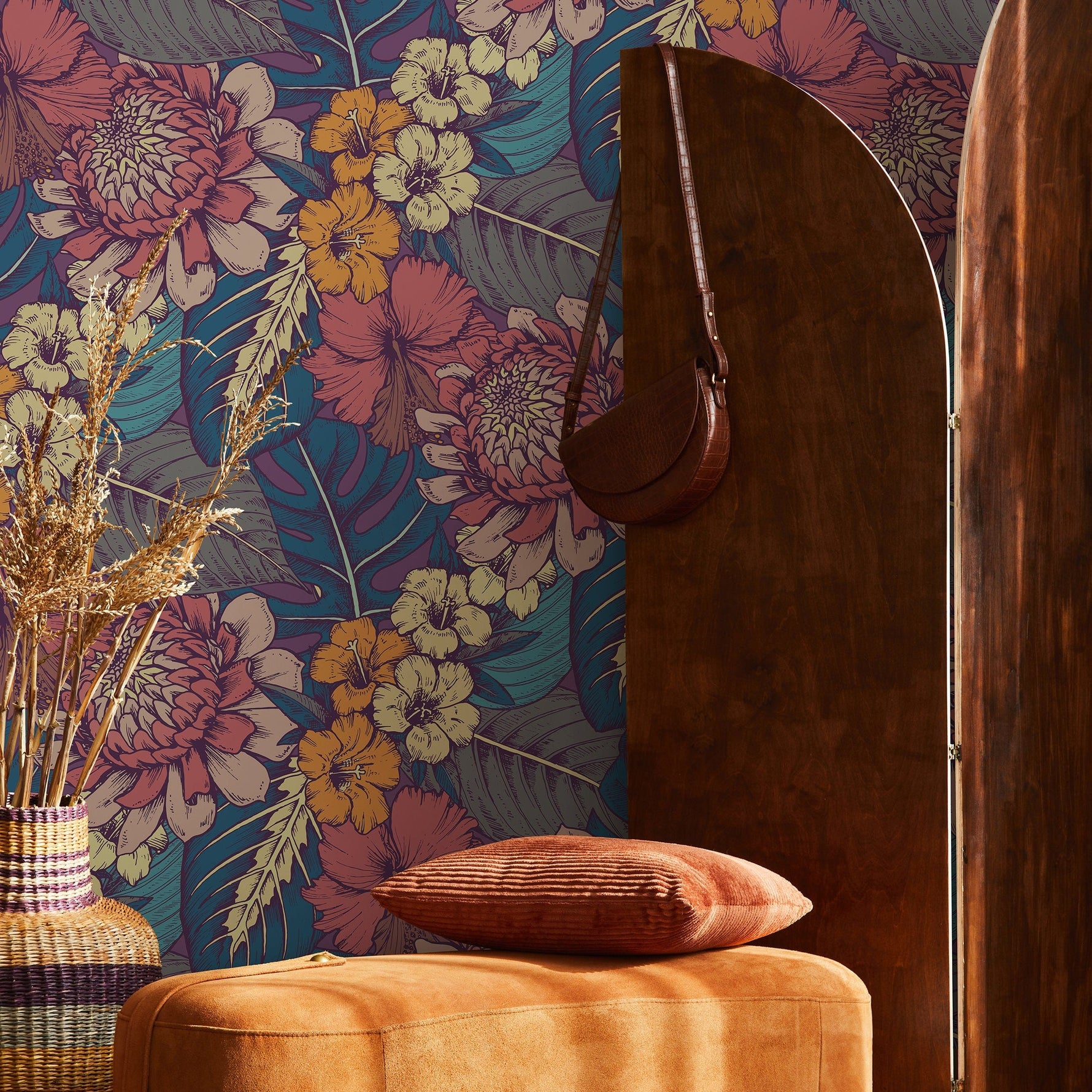 Wallpaper Peel and Stick Wallpaper Removable Wallpaper Home Decor Wall Art Wall Decor Room Decor/ Tropical Leaves and Flower Wallpaper -B395