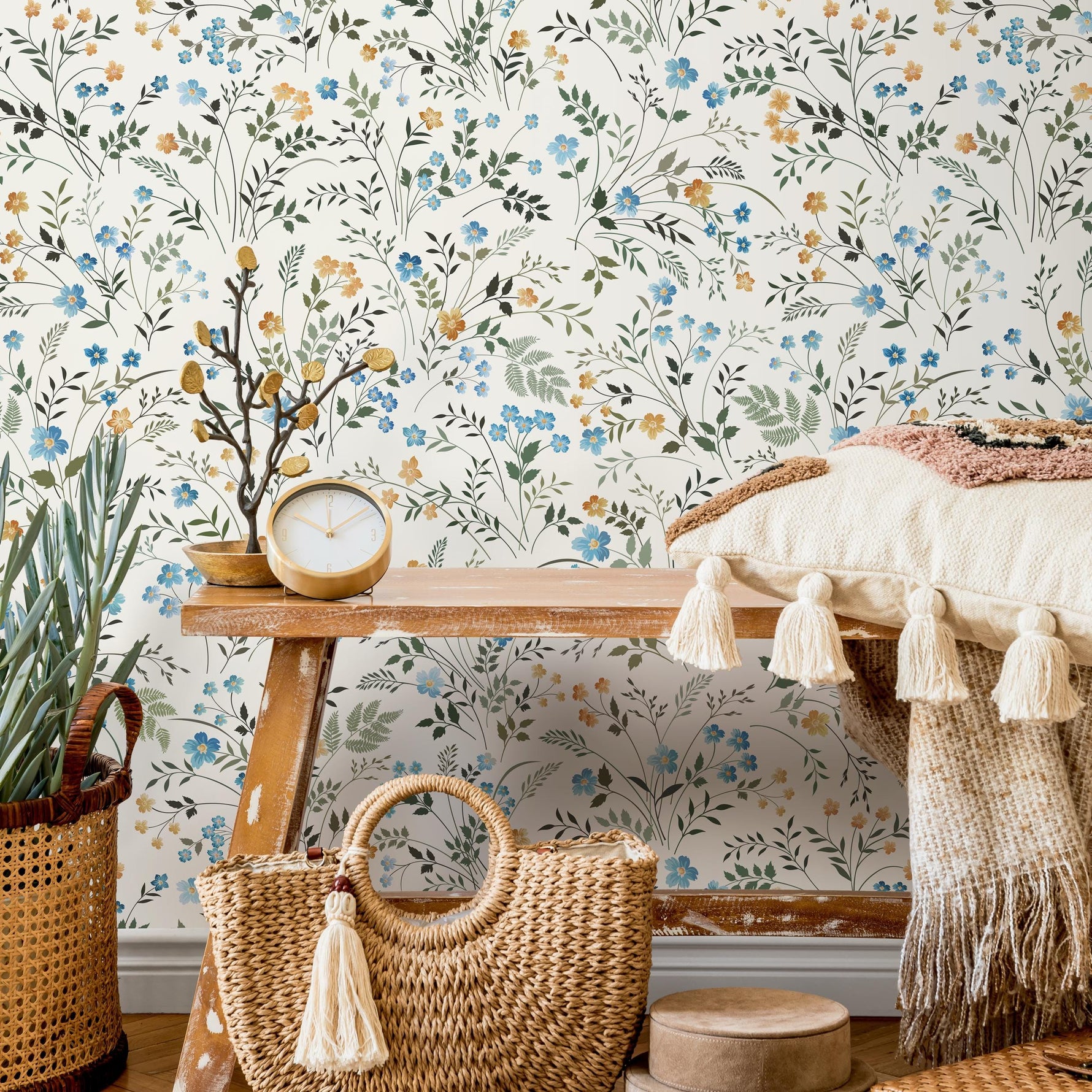 Summer Meadow Floral Wallpaper, Yellow and Blue Flowers Watercolor Wallpaper, Sunflower Wallpaper, Nursery Wallpaper, Daisy Wallpaper - E006