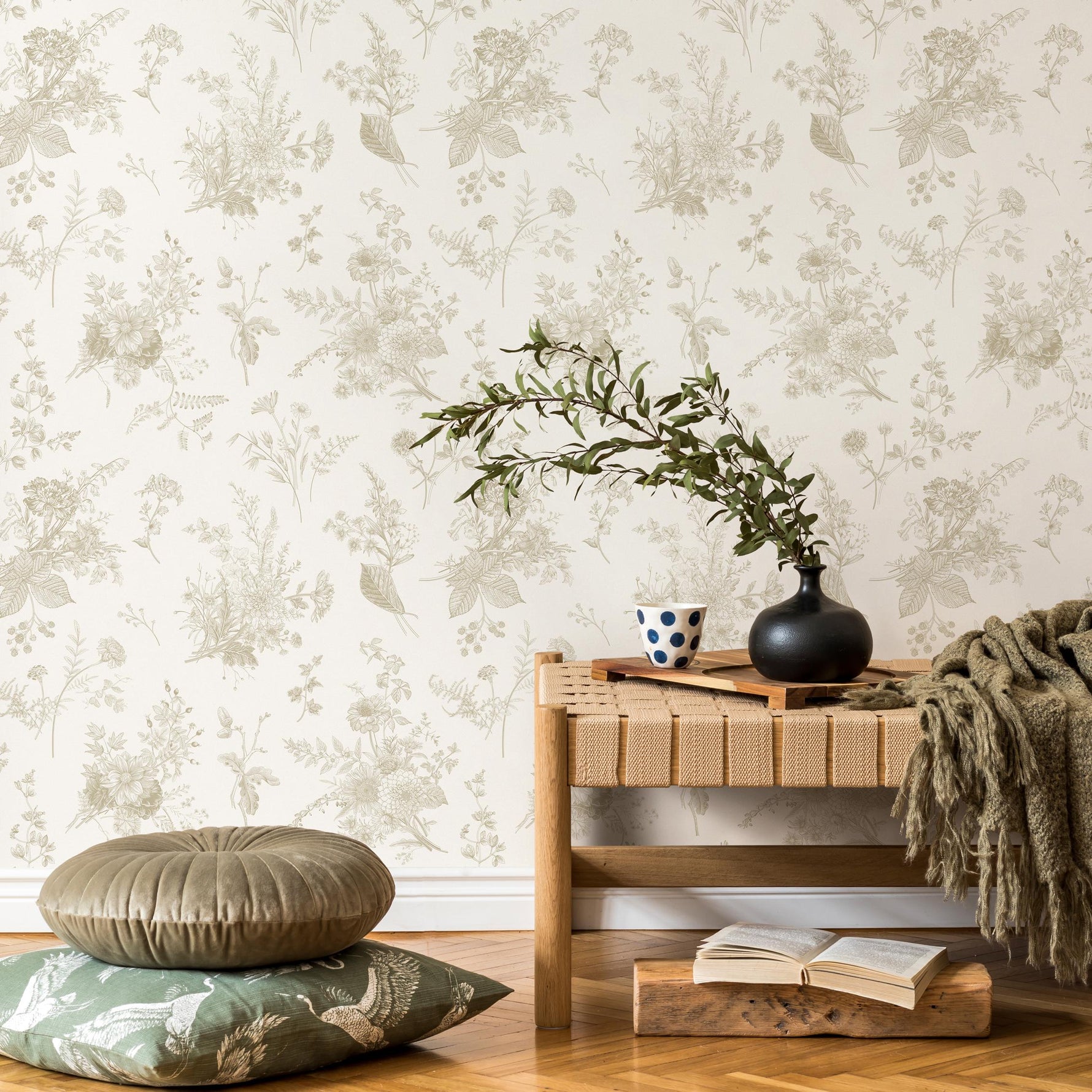 French Country Wallpaper Vintage Botanical Foliage Wallpaper Bedroom Wildflower Peel and Stick Wallpaper Victorian Neutral Wallpaper - E010