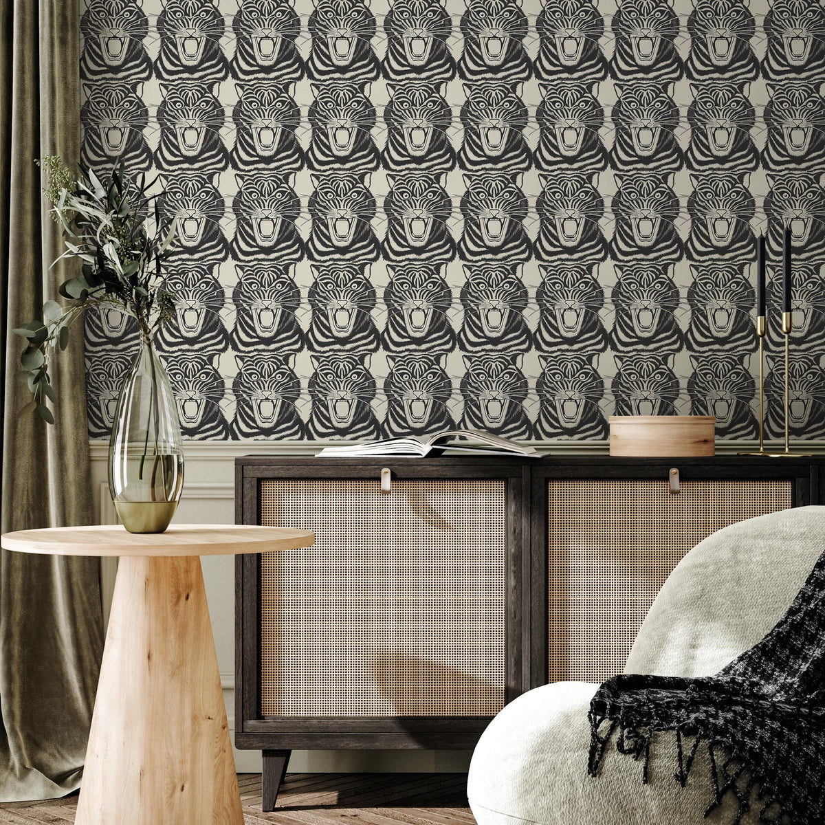 Tiger Head Wallpaper, Peel and Stick Wall Decor, Vintage Self-Adhesive Tiger Face Wallpaper, Temporary or Permanent for Home Decor - E070
