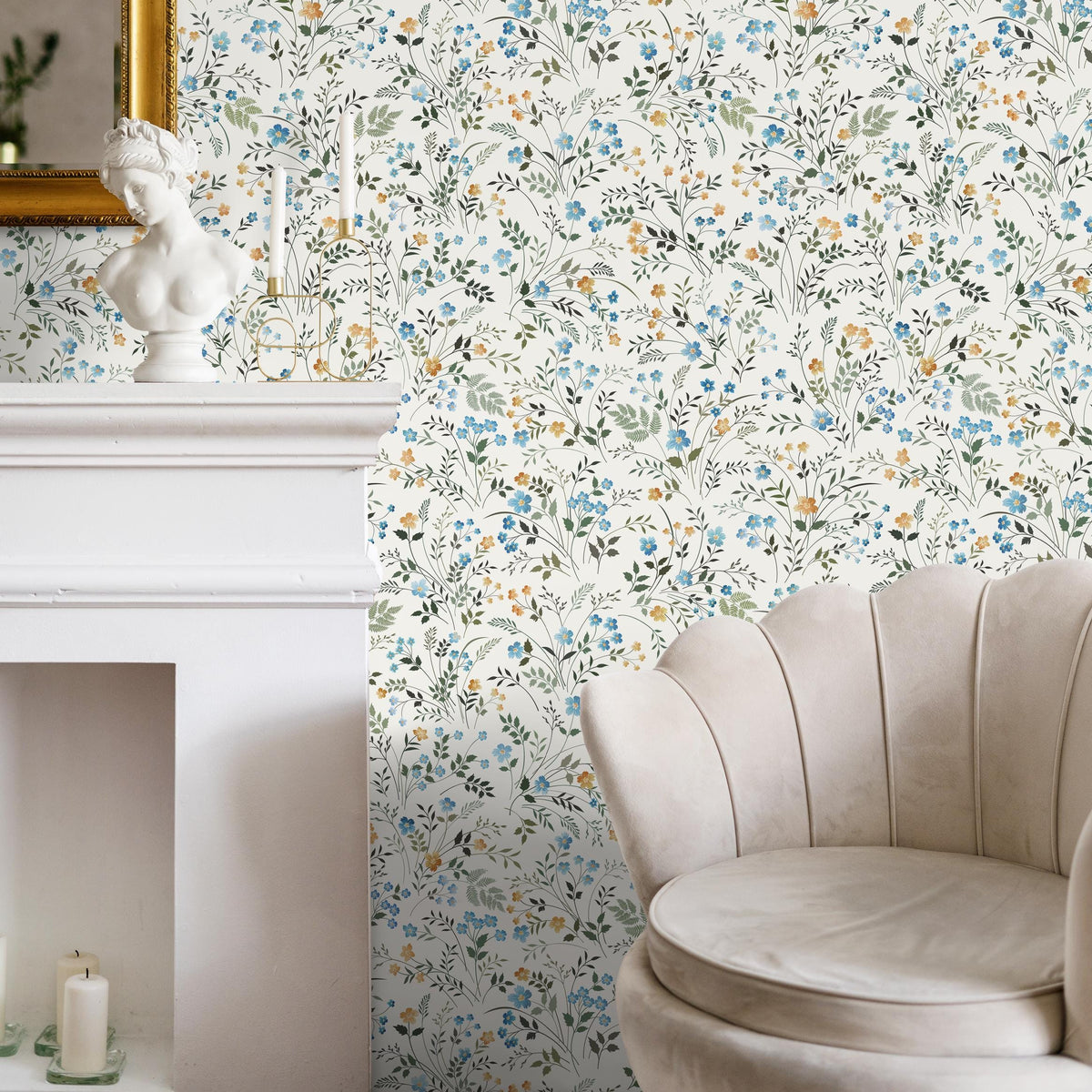 Summer Meadow Floral Wallpaper, Yellow and Blue Flowers Watercolor Wallpaper, Sunflower Wallpaper, Nursery Wallpaper, Daisy Wallpaper - E006