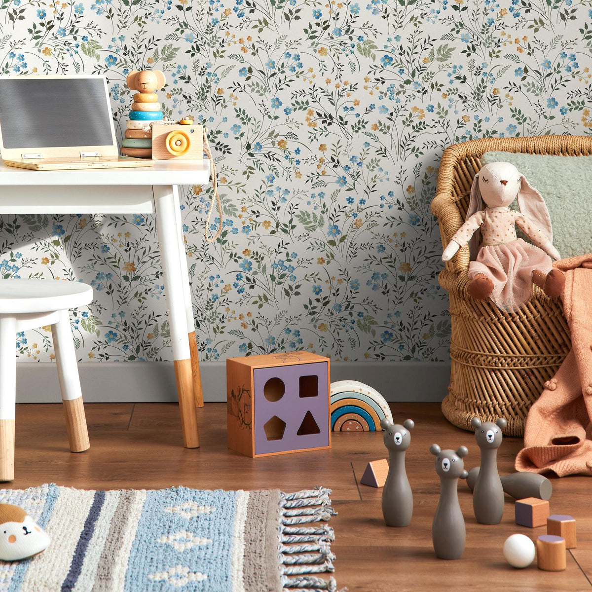 Summer Meadow Floral Wallpaper, Yellow and Blue Flowers Watercolor Wallpaper, Sunflower Wallpaper, Nursery Wallpaper, Daisy Wallpaper - E006