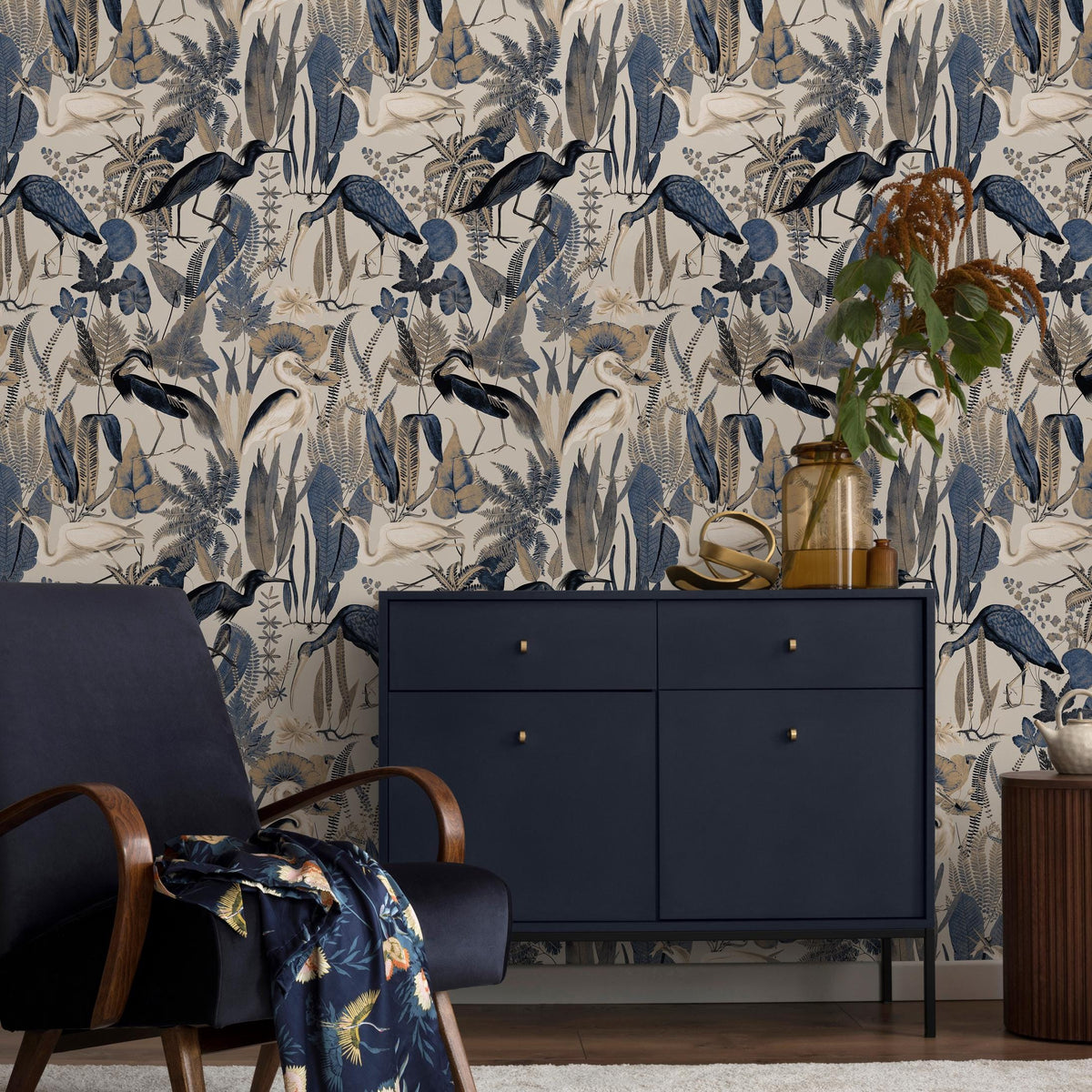 Heron Wallpaper, Peel and Stick Heron Wallpaper, Peel and Stick Wallpaper, Removable Botanical Wallpaper, Pink Crane Wallpaper - E104 A
