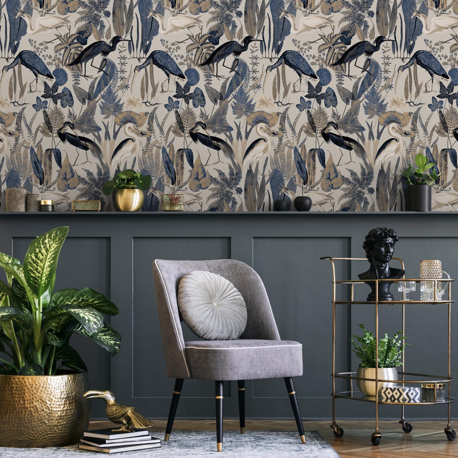 Heron Wallpaper, Peel and Stick Heron Wallpaper, Peel and Stick Wallpaper, Removable Botanical Wallpaper, Pink Crane Wallpaper - E104 A