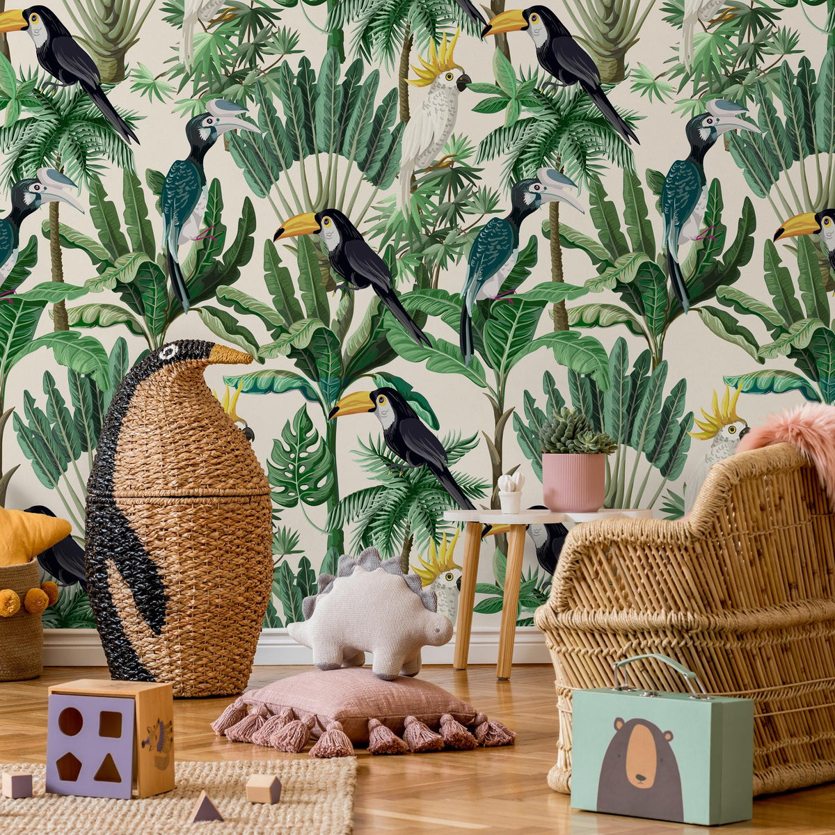 Exotic birds and plants wallpaper vintage style exotic vinyl for vegetation leaves - E003