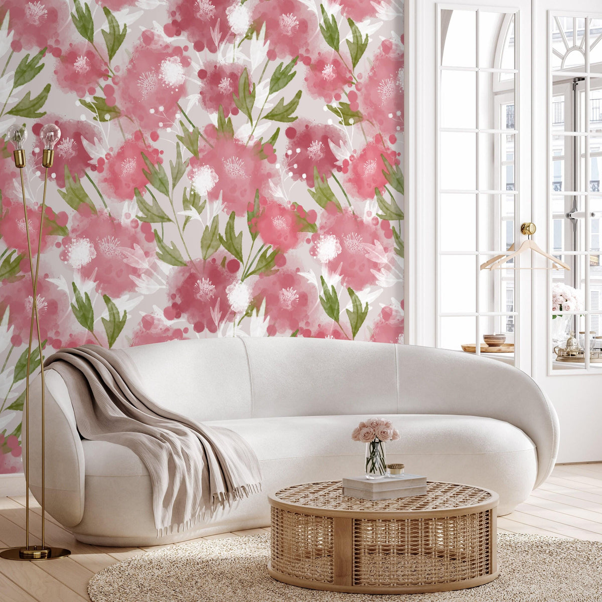 Modern Romantic Floral Wallpaper - Watercolor Pink & Green