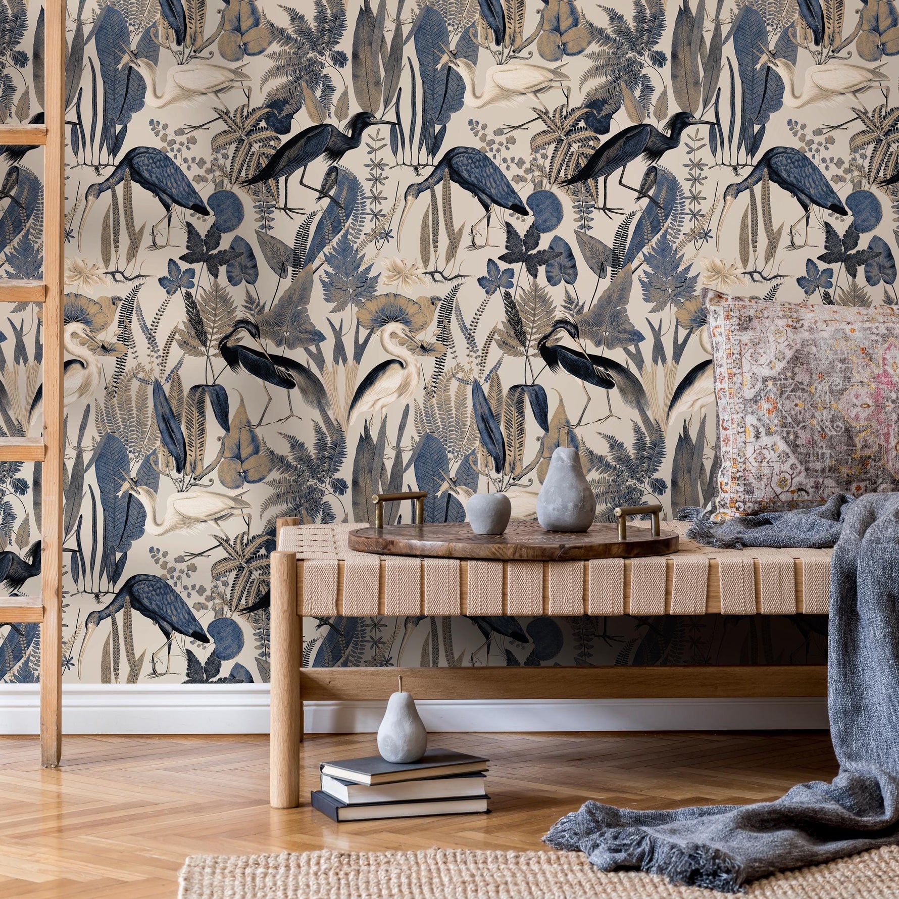 Heron Wallpaper, Peel and Stick Heron Wallpaper, Peel and Stick Wallpaper, Removable Botanical Wallpaper, Pink Crane Wallpaper - E104 A