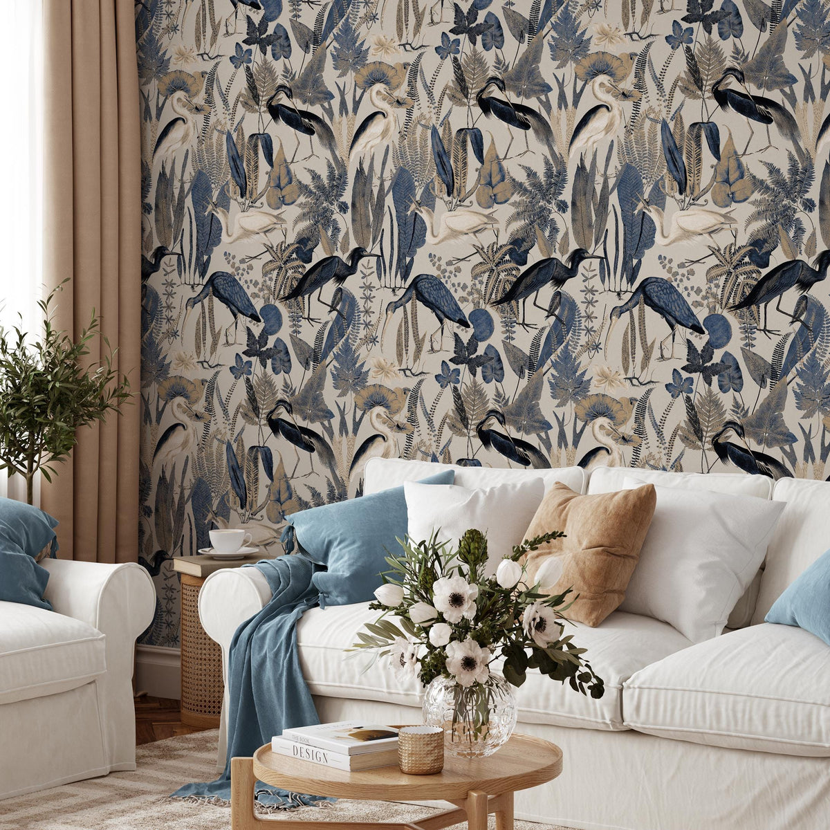 Heron Wallpaper, Peel and Stick Heron Wallpaper, Peel and Stick Wallpaper, Removable Botanical Wallpaper, Pink Crane Wallpaper - E104 A
