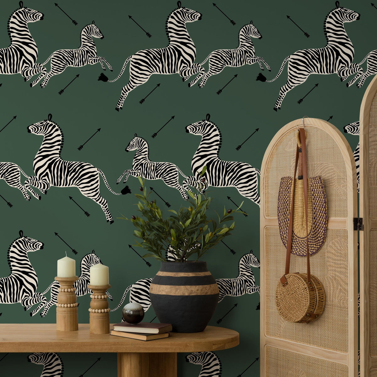 Zebra wallpaper, peel and stick wallpaper, green Masai zebra print by Royal Tenenbaums, red zebra wallpaper for home decor - E051