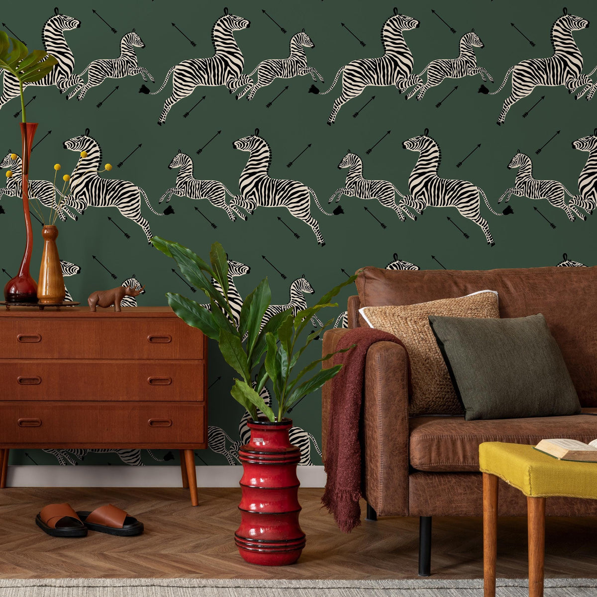Zebra wallpaper, peel and stick wallpaper, green Masai zebra print by Royal Tenenbaums, red zebra wallpaper for home decor - E051