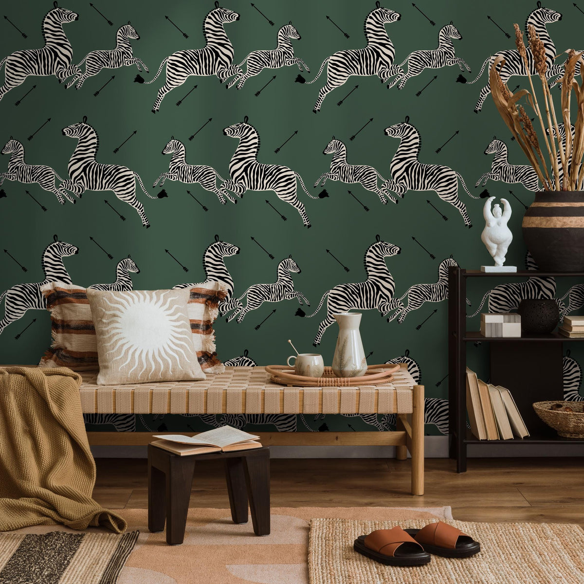 Zebra wallpaper, peel and stick wallpaper, green Masai zebra print by Royal Tenenbaums, red zebra wallpaper for home decor - E051
