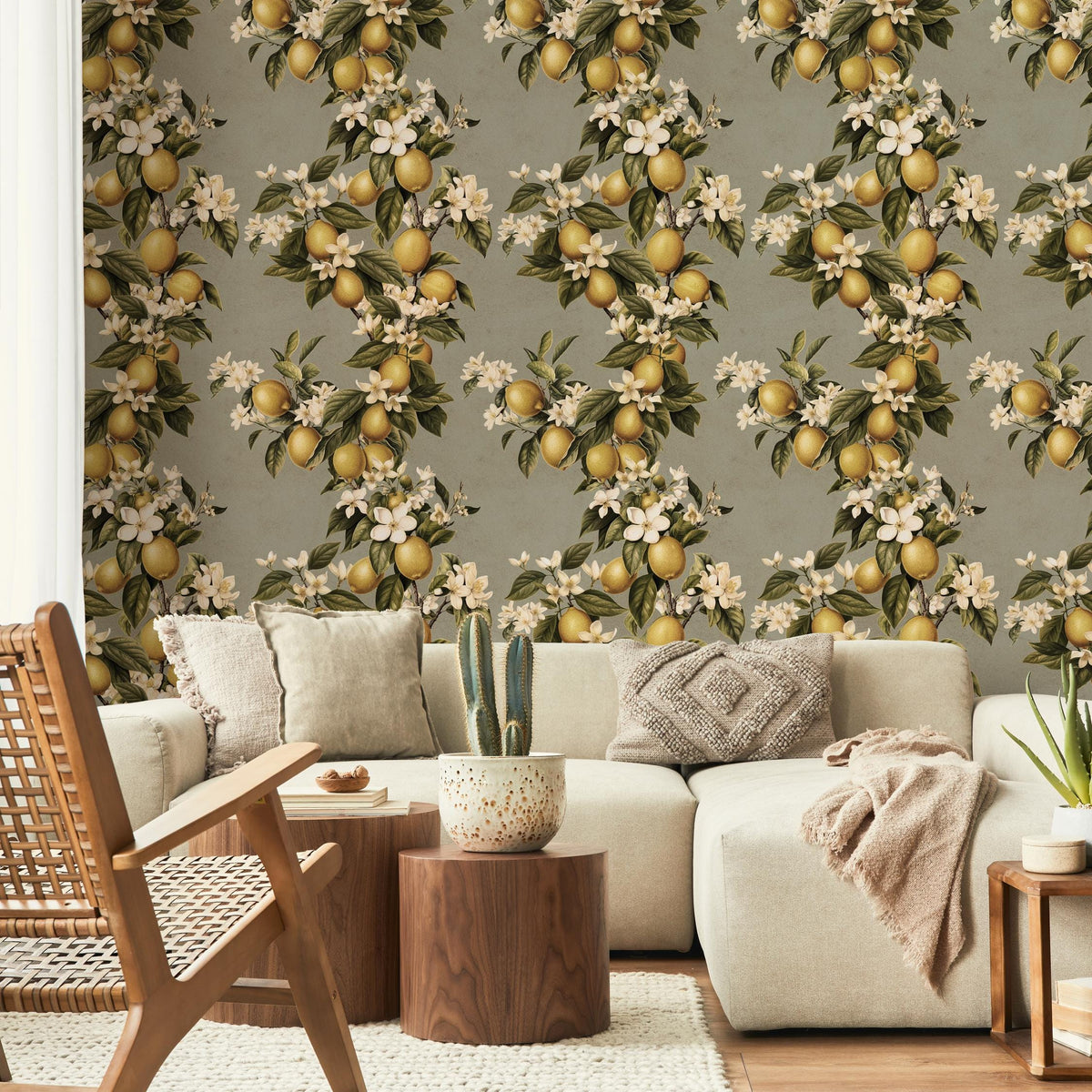 Vintage lemon tree wallpaper, citrus wallpaper, fruit kitchen wallpaper, Italian-inspired home decor - LEMON - E059 A