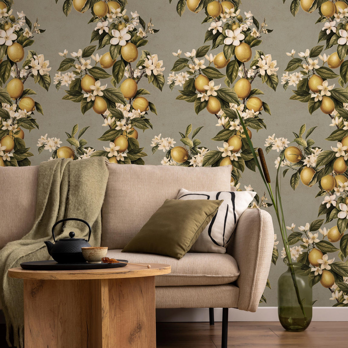 Vintage lemon tree wallpaper, citrus wallpaper, fruit kitchen wallpaper, Italian-inspired home decor - LEMON - E059 A