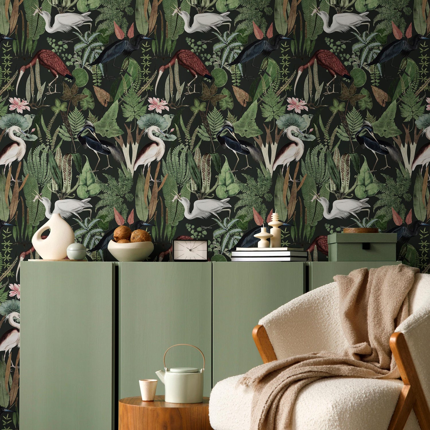 Heron Wallpaper, Peel and Stick Heron Wallpaper, Peel and Stick Wallpaper, Removable Botanical Wallpaper, Wallpaper - E114 A