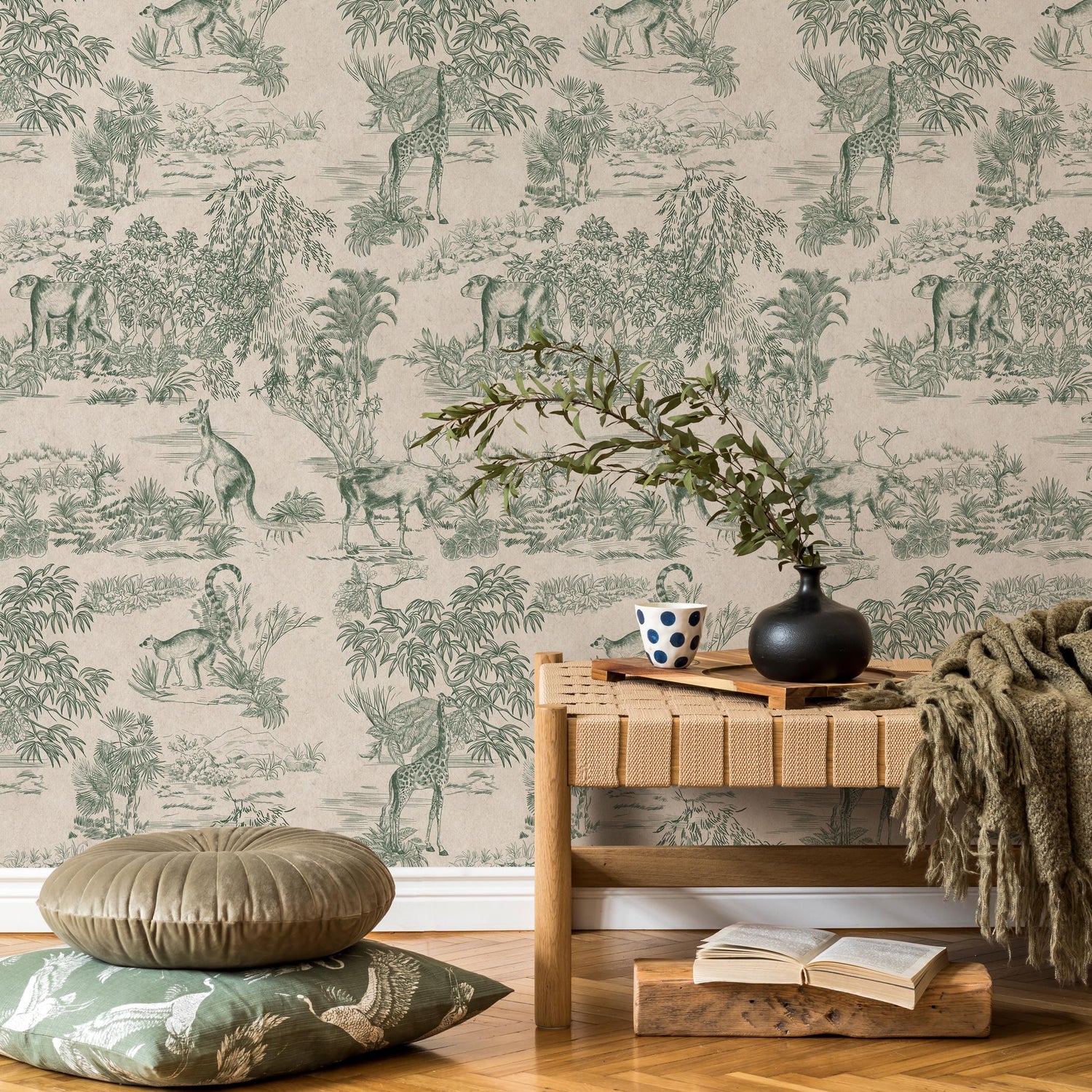 Retro Vintage French Toile de Jouy Wallpaper, Green and Beige Print Wall Decor - E121 B