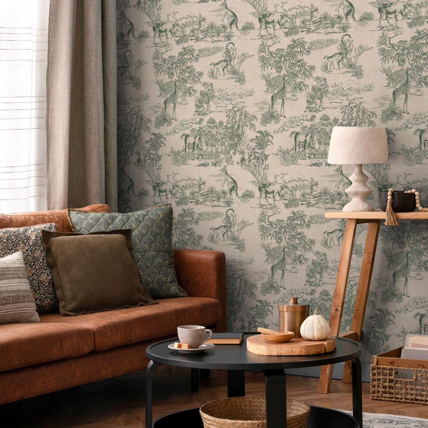 Retro Vintage French Toile de Jouy Wallpaper, Green and Beige Print Wall Decor - E121 B