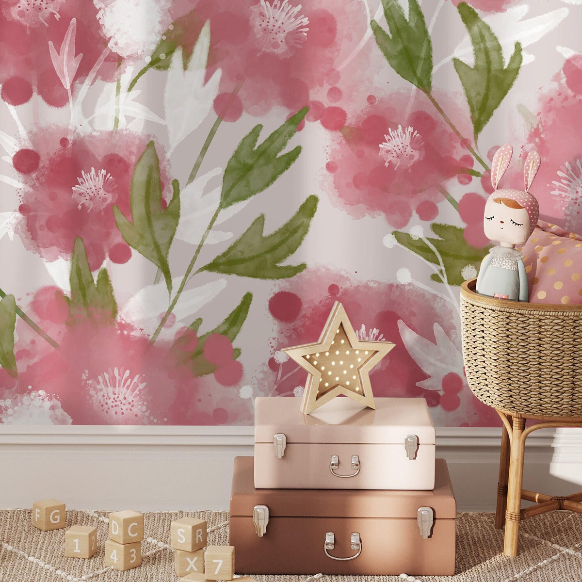Modern Romantic Floral Wallpaper - Watercolor Pink & Green