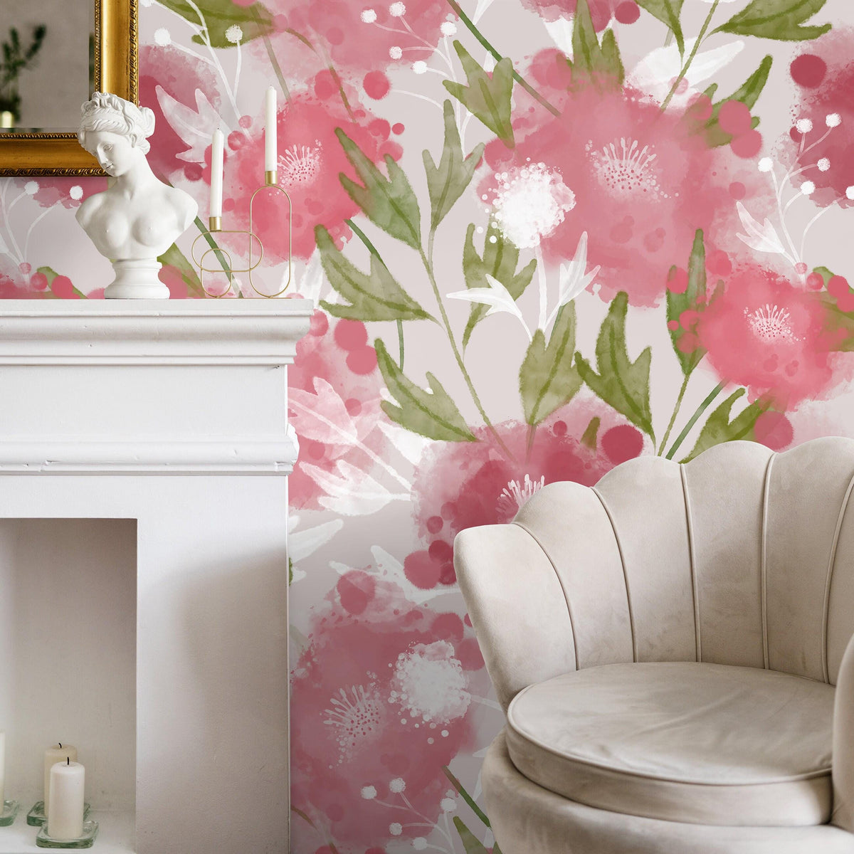 Modern Romantic Floral Wallpaper - Watercolor Pink & Green