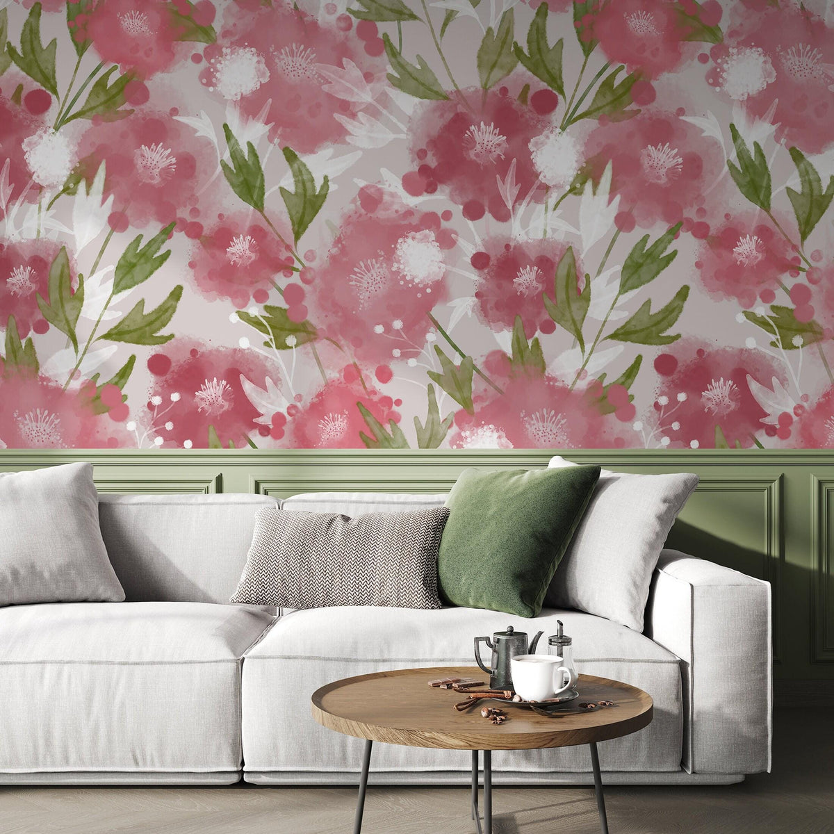 Modern Romantic Floral Wallpaper - Watercolor Pink & Green