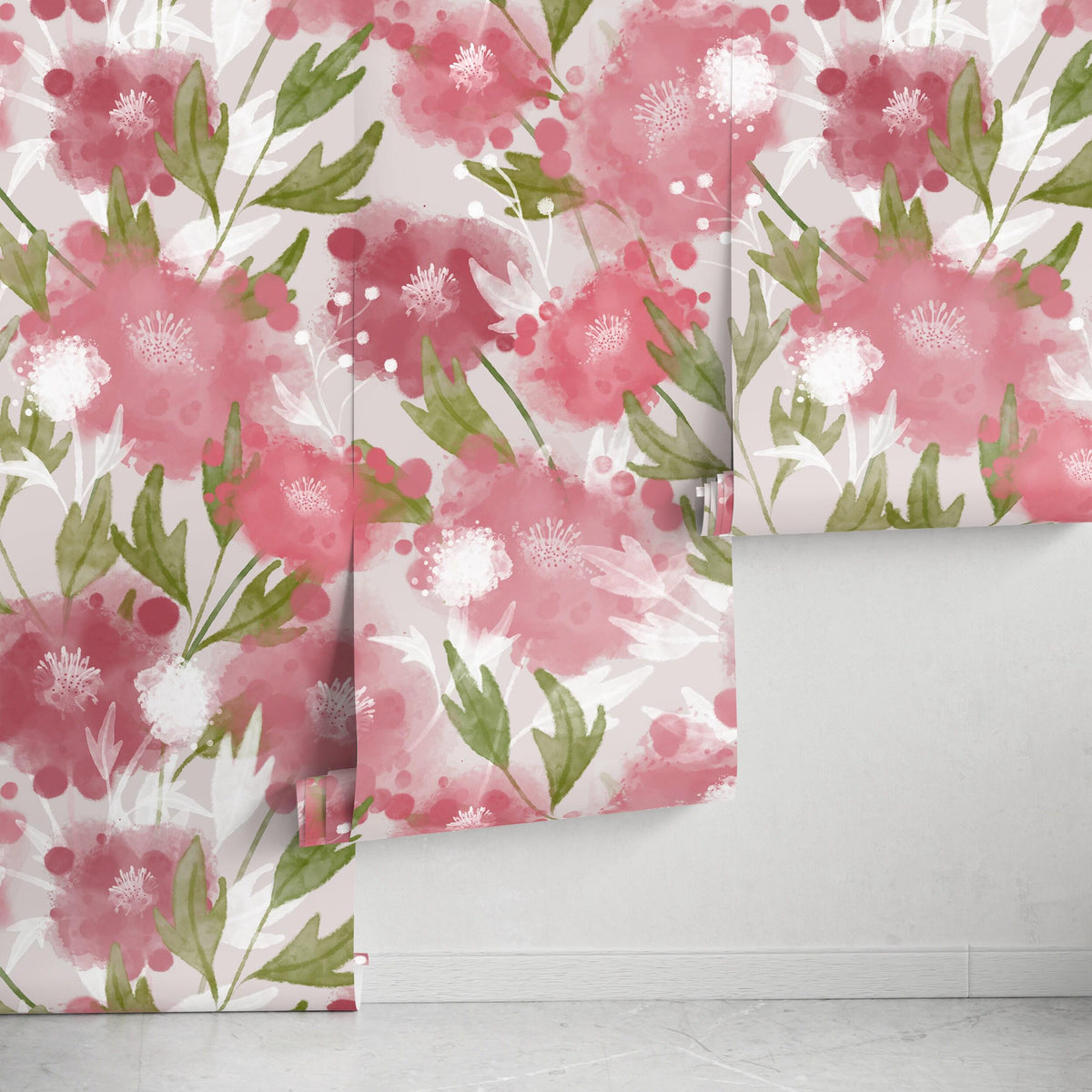 Modern Romantic Floral Wallpaper - Watercolor Pink & Green