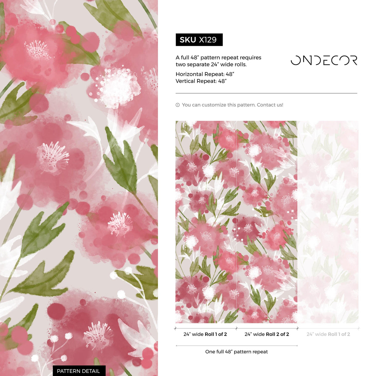 Modern Romantic Floral Wallpaper - Watercolor Pink & Green