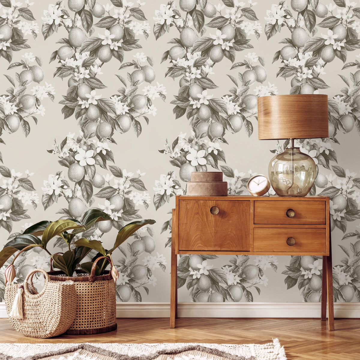 Vintage lemon tree wallpaper, citrus wallpaper, fruit kitchen wallpaper, Italian-inspired home decor - LEMON - E0999 C