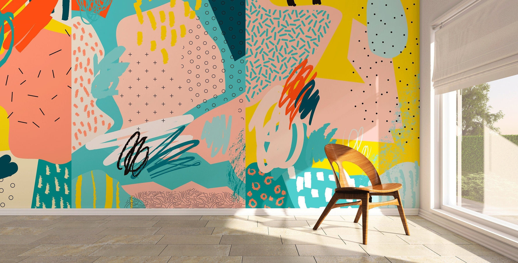 Hand Drawn Wallpaper Mural Vibrant Self-Adhesive Temporary Removable Wallpaper Kids Wallpaper Abstract Wallpaper - A519