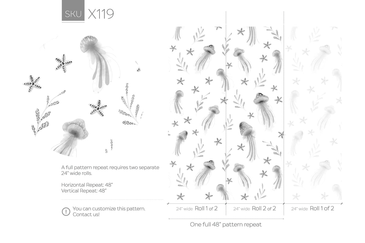Removable Wallpaper Wallpaper Plants Wallpaper Peel and Stick Wallpaper Wall Paper / Jellyfish Gray Nursery Room Wallpaper-X119