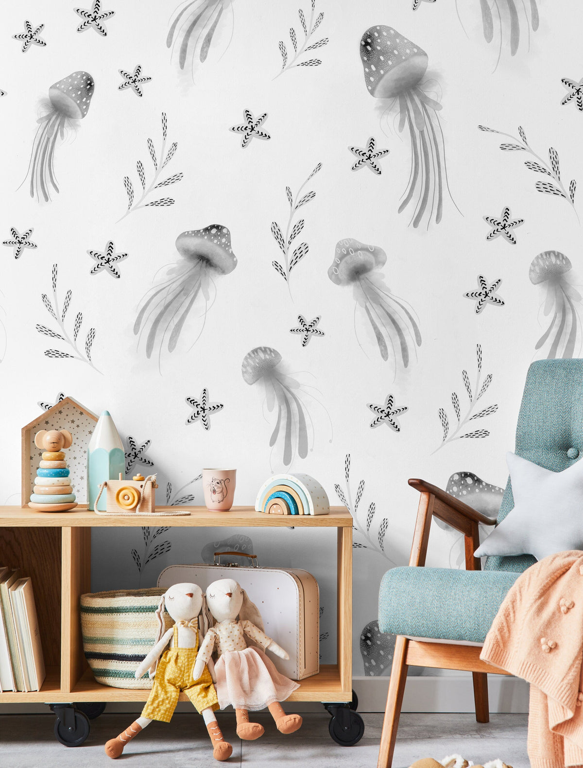 Removable Wallpaper Wallpaper Plants Wallpaper Peel and Stick Wallpaper Wall Paper / Jellyfish Gray Nursery Room Wallpaper-X119