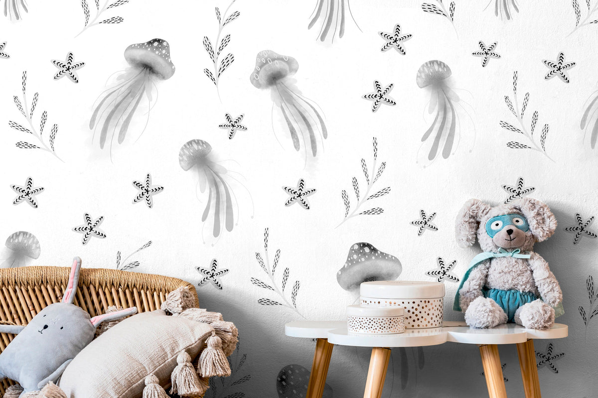 Removable Wallpaper Wallpaper Plants Wallpaper Peel and Stick Wallpaper Wall Paper / Jellyfish Gray Nursery Room Wallpaper-X119