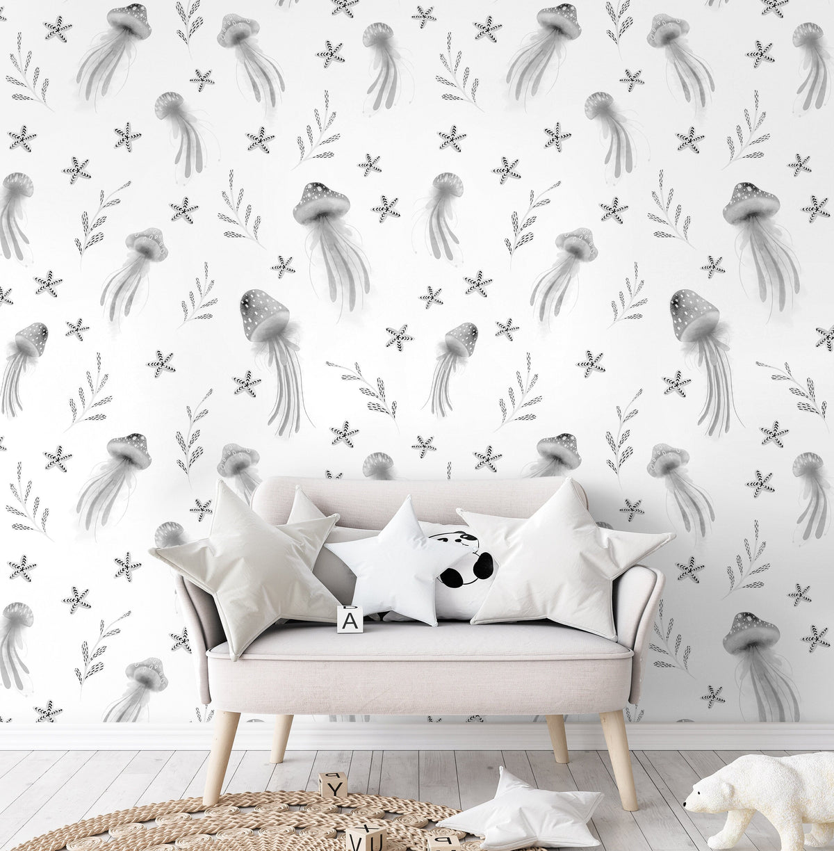 Removable Wallpaper Wallpaper Plants Wallpaper Peel and Stick Wallpaper Wall Paper / Jellyfish Gray Nursery Room Wallpaper-X119