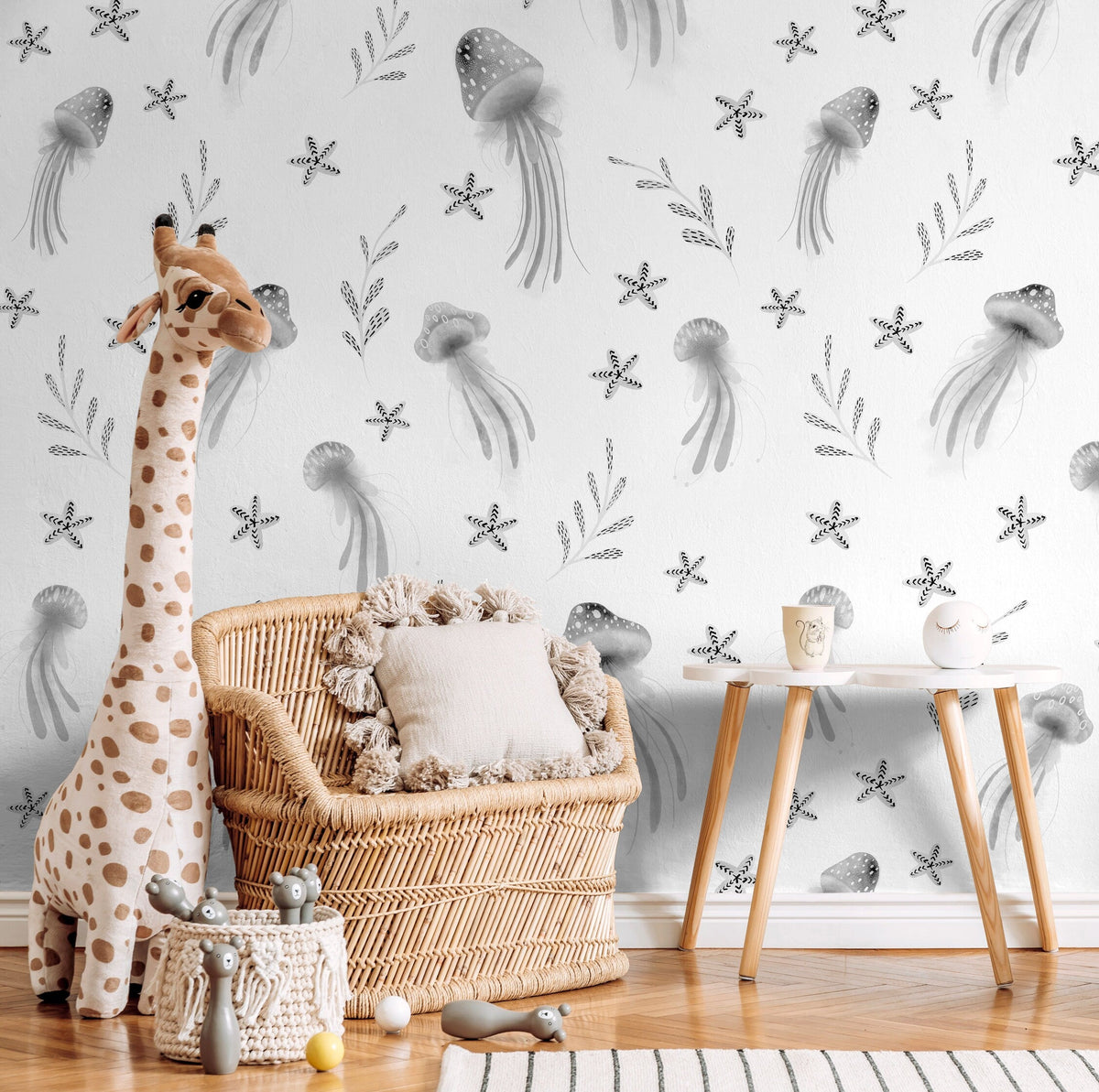 Removable Wallpaper Wallpaper Plants Wallpaper Peel and Stick Wallpaper Wall Paper / Jellyfish Gray Nursery Room Wallpaper-X119